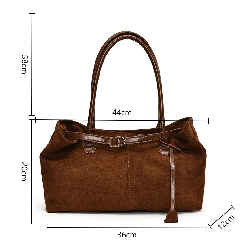 Suede Tote Shoulder Bag – Large Capacity Soft Leather Commuter Handbag for Women