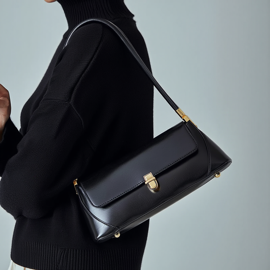 Black PU Leather Underarm Shoulder Bag – Minimal Small Flap Lock Handbag Clutches