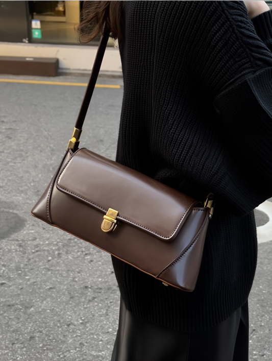 Black PU Leather Underarm Shoulder Bag – Minimal Small Flap Lock Handbag Clutches