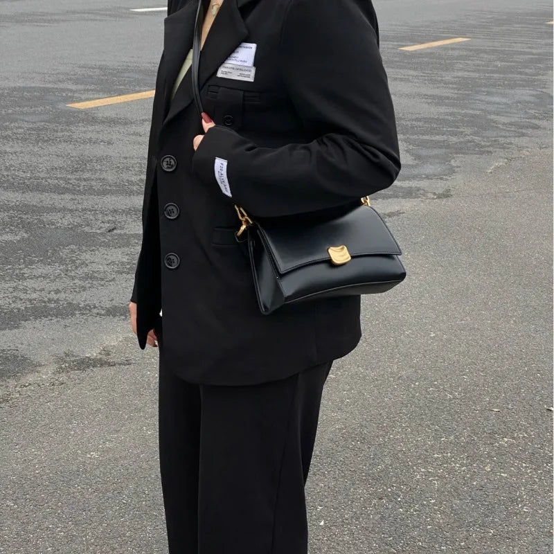 Black PU Leather Flap Lock Handbag – Women’s Top-Handle Crossbody Bag