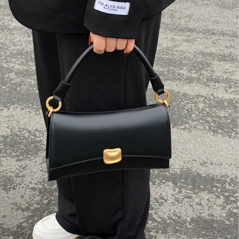 Black PU Leather Flap Lock Handbag – Women’s Top-Handle Crossbody Bag