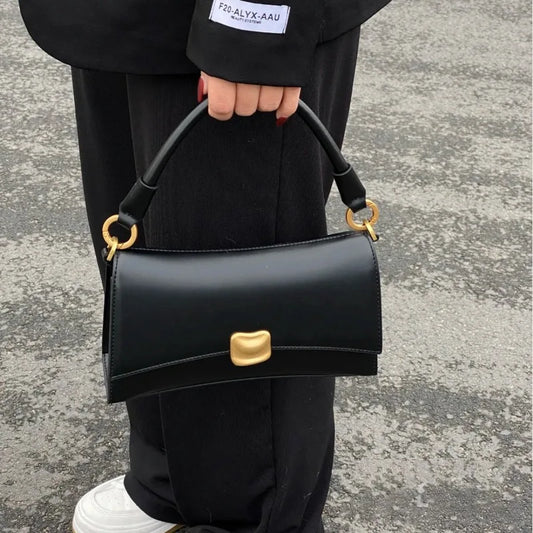 Black PU Leather Flap Lock Handbag – Women’s Top-Handle Crossbody Bag